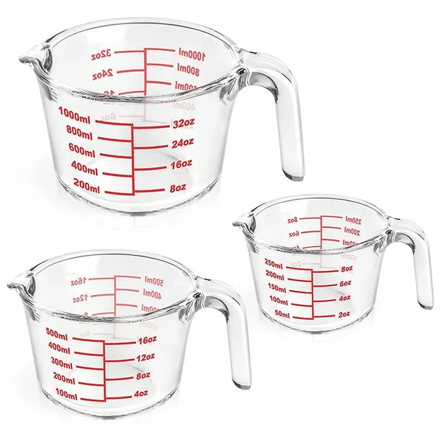 3 Glass Measuring Cups Set 1000,500,250 ml borosilcate scale glass cups JS5124-1/2/3