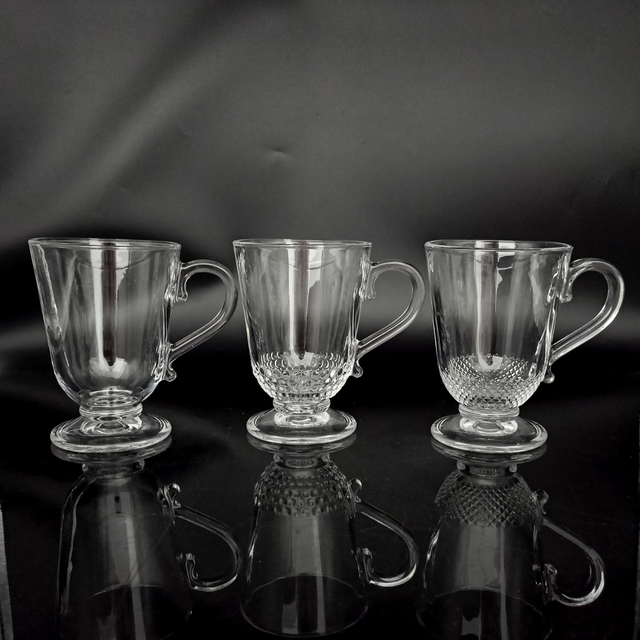 Vintage-Style Footed Glass Mugs – Clear Embossed Design JS2050-1/2/3