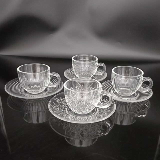 JS2134 Small Creative Tea Sets with Texture 3oz Clear Glass Coffee Cup with Saucer for Hot And Cold Drinks